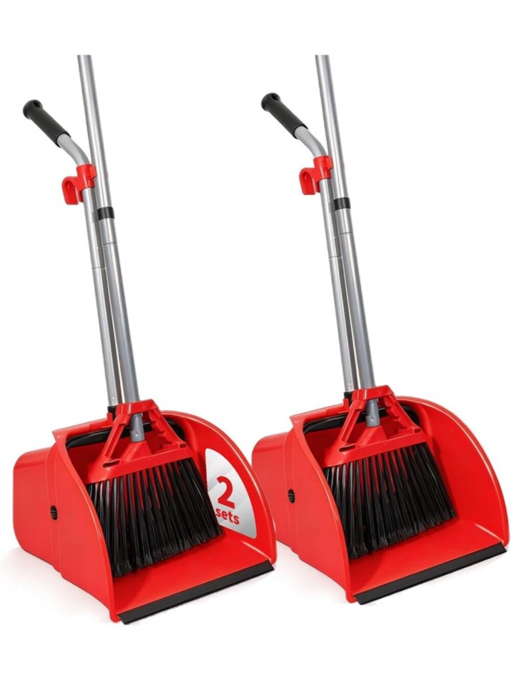 2 Pack Heavy Duty Broom & Dustpan Set - Indoor/Outdoor Sweeping Kit, Red